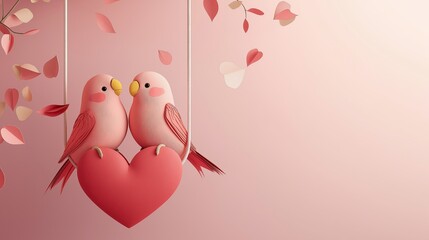 Two adorable pink lovebirds perched on a red heart-shaped swing, surrounded by delicate falling leaves on a soft pastel background. Perfect for Valentine's Day themes.