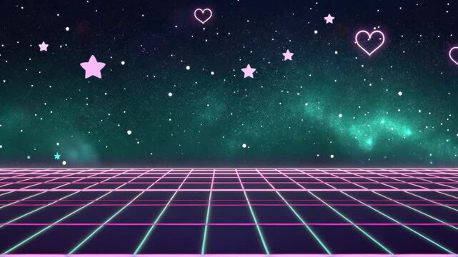 Pixelated Universe A dark cosmic background filled with ling stars sets the stage for a neon grid in gradient purples and greens. Floating pixelated hearts and stars breeze by