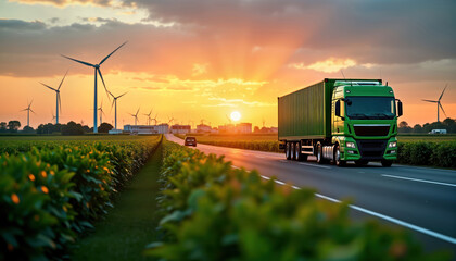 Green truck transports cargo on highway at sunset. Renewable energy source wind turbines visible in background. Eco-friendly transportation concept shown. Sustainable logistics, supply chain