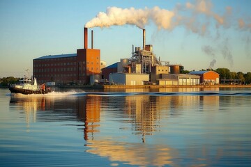 Fototapeta premium Industrial Factory on Water During Golden Hour
