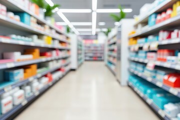 Explore a Well-Stocked Pharmacy Aisle with Blue and White Shelves Filled with Medicines and Health Products, Perfect for Online Retail and Marketing.