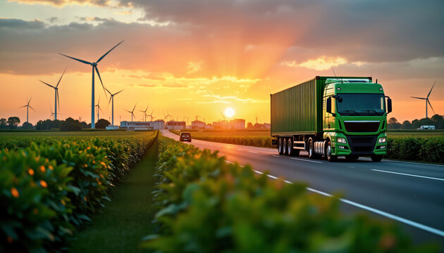 Green truck transports cargo on highway at sunset. Renewable energy source wind turbines visible in background. Eco-friendly transportation concept shown. Sustainable logistics, supply chain