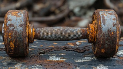a rusty dumbbell with a metal handle