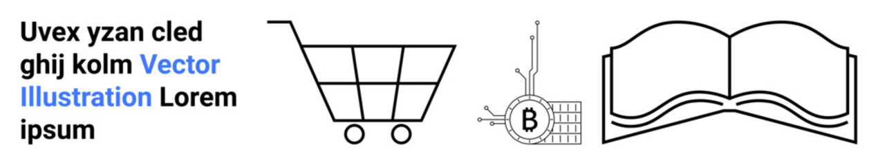 Shopping cart, digital circuit with B, open book. Ideal for e-commerce, tech innovation, education, publishing, tech startups, digital marketing, user interfaces. Perfect for engaging designs