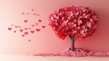Red heart-shaped tree adorned with pink and red paper hearts, surrounded by scattered petals on a soft pink background, perfect for Valentine's Day themes.