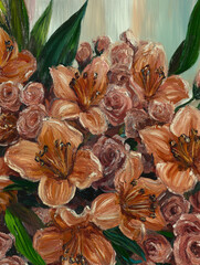 Fototapeta premium Oil Painting of Peach Lilies and Roses Bouquet
