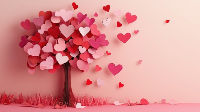 Charming tree adorned with red and pink heart-shaped leaves on a soft pink background. Falling paper hearts create a romantic Valentine's Day vibe.