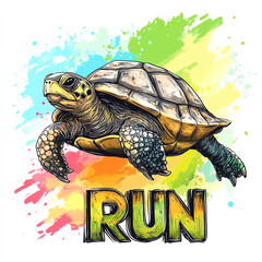 "Running Turtle Illustration with 'RUN' Text and Colorful Background