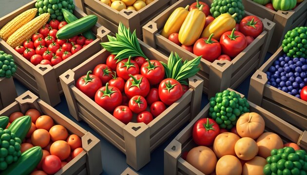 Fresh produce in wooden crates fills image. Various fruits, vegetables densely packed. Tomatoes abundant. Cucumbers, corn visible. Healthy food options showcased. Image implies food security,