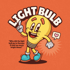 Light Bulb Trendy Retro Cartoon Vector Hand Drawn