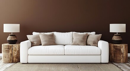 Fototapeta premium White sofa with brown pillows in a minimalist living room.