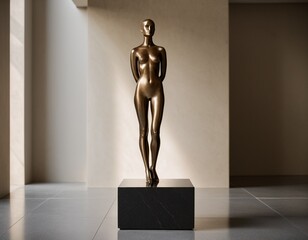 A bronze statue of a nude female figure stands on a black pedestal in a minimalist art gallery, bathed in natural light.