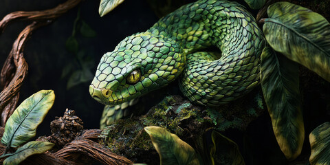 A green viper snake with scales that resemble green leaves, sitting on a tree branch in the jungle, generative AI