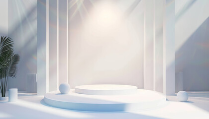 White Platform Display with Cylindrical Columns and Spherical Elements