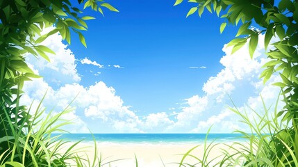 Obraz premium Relaxing beach scene with lush greenery tropical setting nature landscape clear sky serene viewpoint