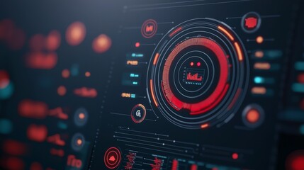 A futuristic, digital interface featuring circular data displays in red and blue colors, emphasizing technology and data visualization.