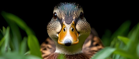 Fototapeta premium A close-up of a duck's face surrounded by green grass.