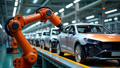 Modern auto factory shows robotic arms assembling cars. Automated process efficient, fast. Manufacturing cars on assembly line. Industrial setting. Automated production, innovation in Indian auto