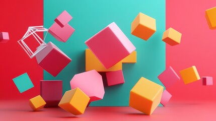 Obraz premium Abstract Colorful Cubes Falling on Red and Teal Background