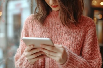 Woman using tablet in cozy cafe setting