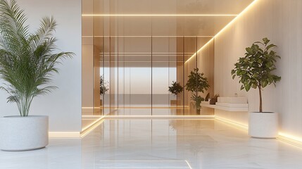 Modern minimalist hallway with marble floor, glass walls, and potted plants.
