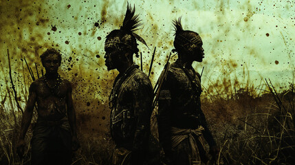 Fototapeta premium Silhouettes of three tribal black african warriors standing in a grassy, autumnal field under an ominous, stormy sky