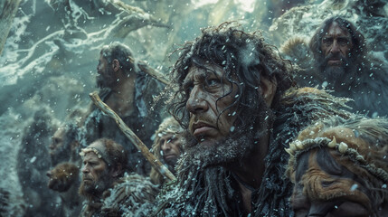 Neanderthal clan huddled together amidst a fierce snowstorm, their thick fur-lined garments and stoic expressions underscoring their resilience and adaptation to the harsh environment