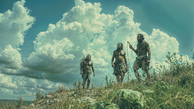 Group of primitive humans exploring a vast landscape under dramatic clouds, armed with tools and weapons. Scene depicts prehistoric discovery and hunting in nature.