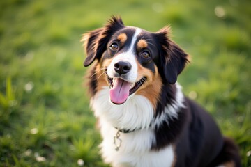 Adorable Australian Shepherd Puppy Playing in Lush Green Meadow, Perfect for Pet Lovers and Family Photos