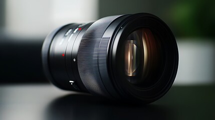 Camera lens, black, textured with glass reflection on a flat surface.