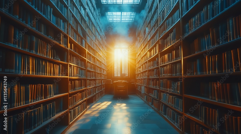 Poster a serene library corridor illuminated by sunlight, highlighting rows of books.