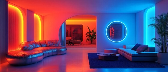 Neon-lit modern living room with curved sofas and LED lighting.