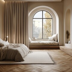 Modern bedroom with arched window, built-in window seat, and hardwood floors.