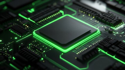 Obraz premium Modern microchip with glowing green accents on circuit board