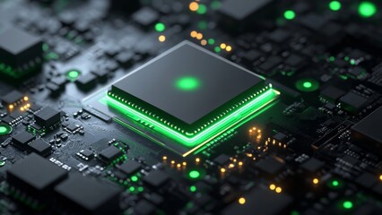 Advanced microchip with green illumination on circuit board