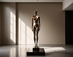 A bronze mannequin stands on a black pedestal in a minimalist room, bathed in natural light from a window.