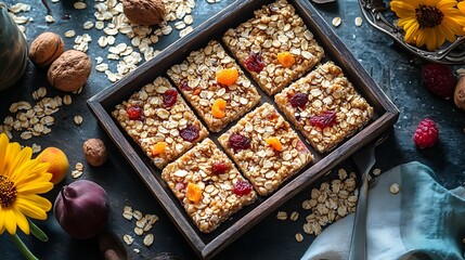 Fototapeta premium A vibrant morning scene with oatmeal squares placed on a rustic tray, surrounded by scattered oats, nuts, and dried fruits, colorful napkins and cutlery adding a lively touch,
