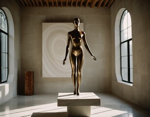 A bronze statue of a nude woman stands on a pedestal in a minimalist art gallery, with a large white painting and natural light illuminating the scene.