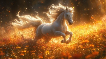 a unicorn running in a field with flowers and rainbow