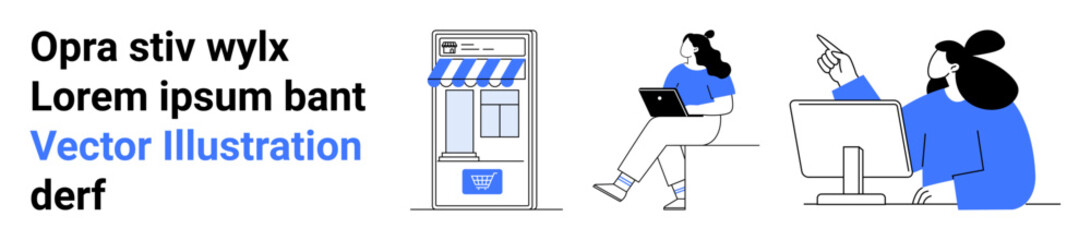 Kiosk machine with awning, person with laptop, person pointing at computer monitor. Ideal for workplace collaboration, remote work, technology integration, customer service, efficiency, team