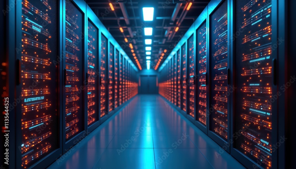 Aufkleber Advanced data center filled with server cabinets. High-tech equipment for cloud computing services. Futuristic design with colorful lights. Modern infrastructure. Powerful computing, storage,