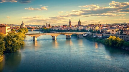 Fototapeta premium Golden Hour Panorama: River Bridge and Cityscape at Sunset. AI Generated