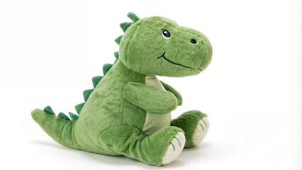 Cute green plush dinosaur toy sitting on a white background