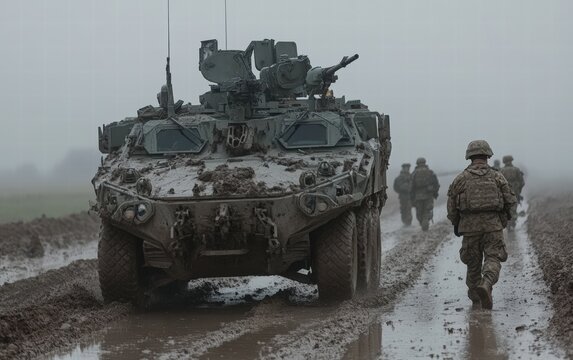 A Stryker vehicle, caked in mud, navigates a challenging terrain. Soldiers follow, showcasing resilience and determination in adverse conditions.