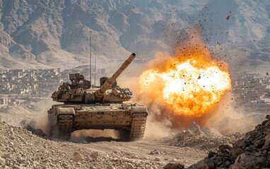 Tank fires, creating a massive explosion in a distant town. Dust and debris fill the air, a powerful display of military force. - obrazy, fototapety, plakaty