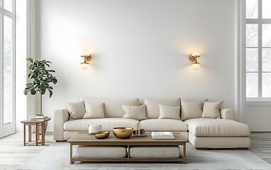 Modern living room with beige sectional sofa, coffee table, wall sconces, and plant.
