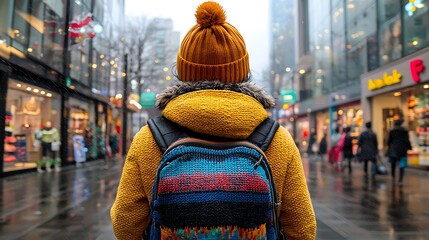 Obraz premium Stylish urban shopper in yellow coat and hat city streets shopping lifestyle advertisement poster rainy environment back view