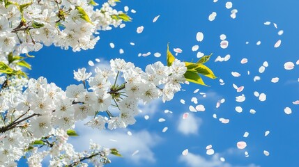 A blossoming cherry tree in full bloom, with soft petals floating in the breeze against a bright blue sky.