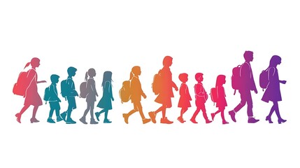 Colorful Silhouette Illustration: Children Walking to School. AI Generated