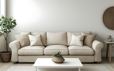 Beige sofa in minimalist living room with natural decor.